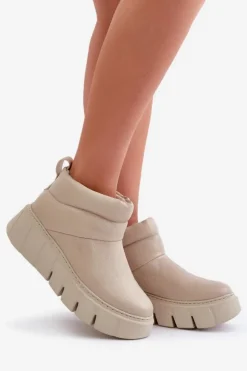Damskie Zazoo 60470 Skórzane Botki Ocieplane Wełną Na Platformie Jasnobeżowe