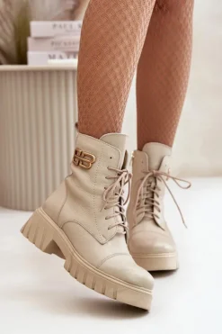Damskie Boto Zazoo 60486 Skórzane Botki Workery Ocieplane Ze Złotym Detalem Jasnobeżowe