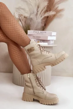 Damskie Boto Zazoo 60486 Skórzane Botki Workery Ocieplane Ze Złotym Detalem Jasnobeżowe