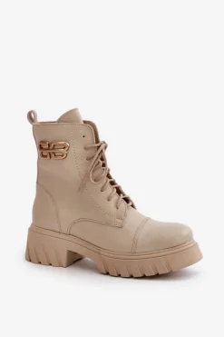 Damskie Boto Zazoo 60486 Skórzane Botki Workery Ocieplane Ze Złotym Detalem Jasnobeżowe