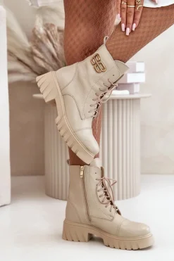 Damskie Boto Zazoo 60486 Skórzane Botki Workery Ocieplane Ze Złotym Detalem Jasnobeżowe