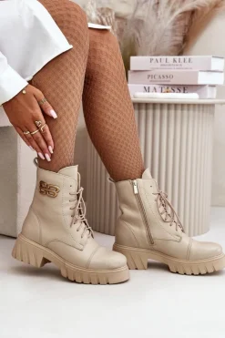 Damskie Boto Zazoo 60486 Skórzane Botki Workery Ocieplane Ze Złotym Detalem Jasnobeżowe