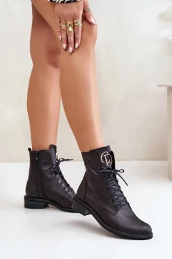 Zazoo Botki Sznurowane|Botki Płaskie*2955 Skórzane Botki Workery Ze Złotym Detalem Na Języku Czarne Czarny