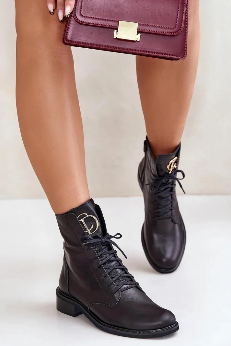 Zazoo Botki Sznurowane|Botki Płaskie*2955 Skórzane Botki Workery Ze Złotym Detalem Na Języku Czarne Czarny