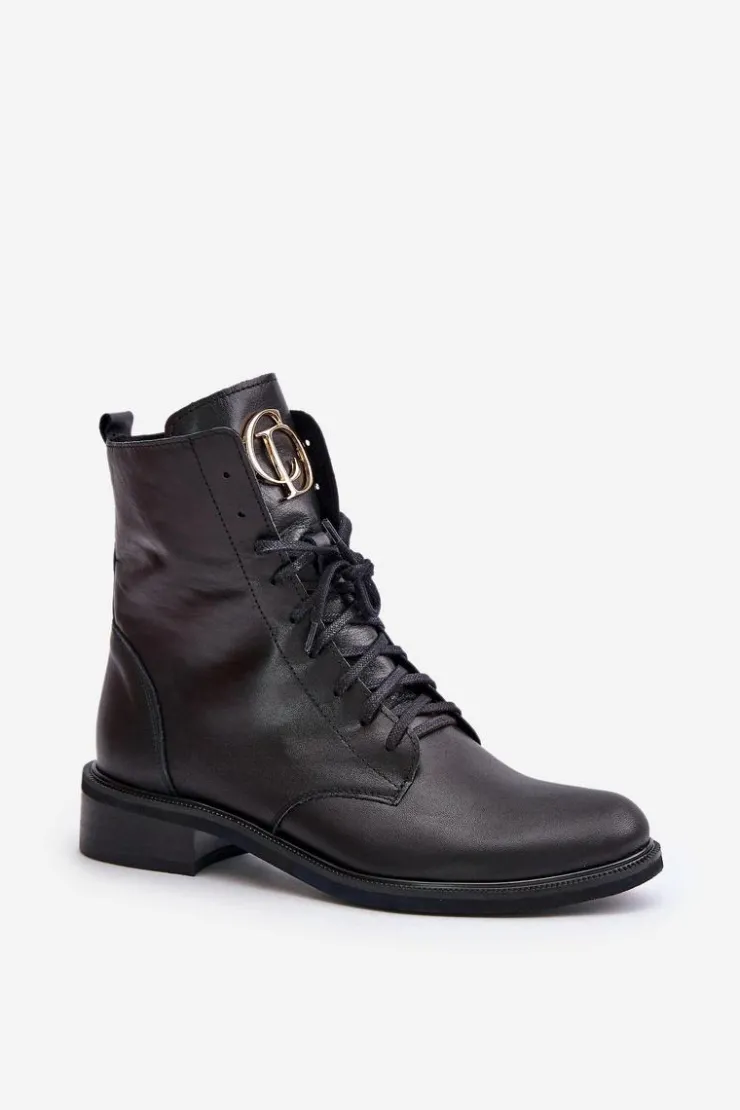 Zazoo Botki Sznurowane|Botki Płaskie*2955 Skórzane Botki Workery Ze Złotym Detalem Na Języku Czarne Czarny