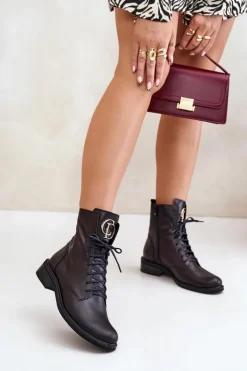 Zazoo Botki Sznurowane|Botki Płaskie*2955 Skórzane Botki Workery Ze Złotym Detalem Na Języku Czarne Czarny