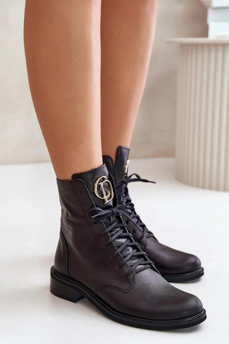 Zazoo Botki Sznurowane|Botki Płaskie*2955 Skórzane Botki Workery Ze Złotym Detalem Na Języku Czarne Czarny