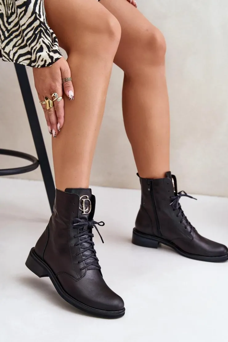 Zazoo Botki Sznurowane|Botki Płaskie*2955 Skórzane Botki Workery Ze Złotym Detalem Na Języku Czarne Czarny