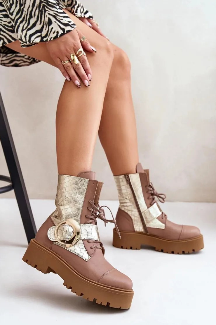 Zazoo Damskie Trapery|Brązowe I Beżowe Botki*2942 Skórzane Botki Workery Ze Złotą Klamrą Beżowe