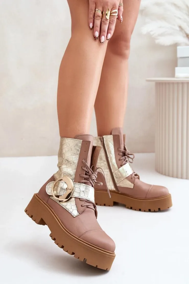 Zazoo Damskie Trapery|Brązowe I Beżowe Botki*2942 Skórzane Botki Workery Ze Złotą Klamrą Beżowe