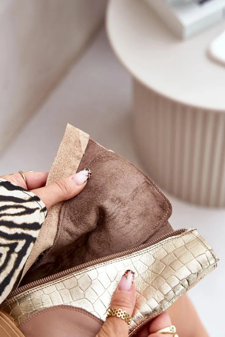 Zazoo Damskie Trapery|Brązowe I Beżowe Botki*2942 Skórzane Botki Workery Ze Złotą Klamrą Beżowe