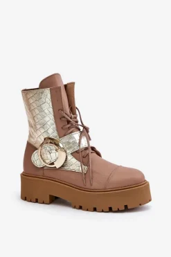 Zazoo Damskie Trapery|Brązowe I Beżowe Botki*2942 Skórzane Botki Workery Ze Złotą Klamrą Beżowe