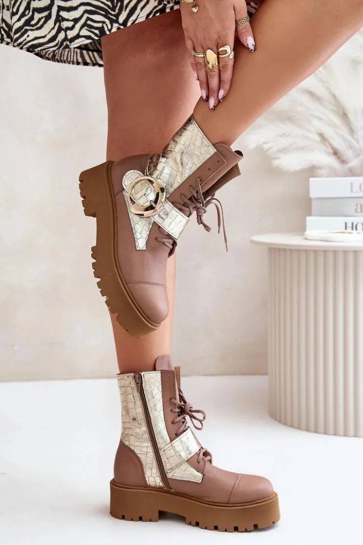Zazoo Damskie Trapery|Brązowe I Beżowe Botki*2942 Skórzane Botki Workery Ze Złotą Klamrą Beżowe