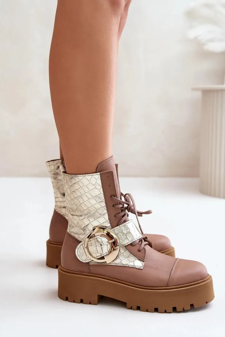 Zazoo Damskie Trapery|Brązowe I Beżowe Botki*2942 Skórzane Botki Workery Ze Złotą Klamrą Beżowe
