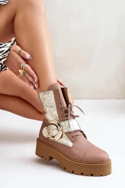 Zazoo Damskie Trapery|Brązowe I Beżowe Botki*2942 Skórzane Botki Workery Ze Złotą Klamrą Beżowe