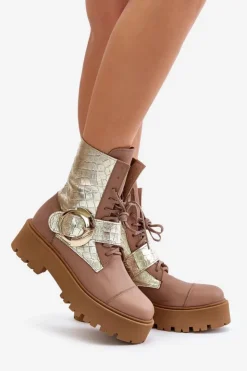Zazoo Damskie Trapery|Brązowe I Beżowe Botki*2942 Skórzane Botki Workery Ze Złotą Klamrą Beżowe