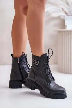 Zazoo Botki Ocieplane|Botki Zimowe Damskie*60486 Skórzane Botki Workery Ocieplane Czarne Czarny