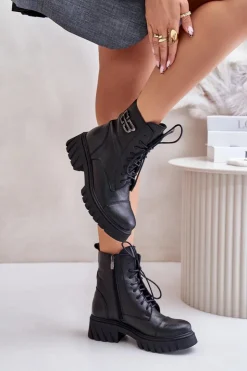 Zazoo Botki Ocieplane|Botki Zimowe Damskie*60486 Skórzane Botki Workery Ocieplane Czarne Czarny