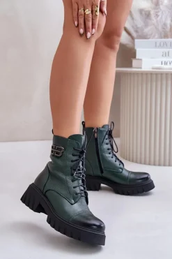 Outlet Zazoo 60486 Skórzane Botki Workery Ocieplane Ciemnozielone Zielony