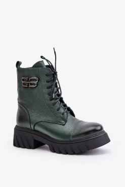 Outlet Zazoo 60486 Skórzane Botki Workery Ocieplane Ciemnozielone Zielony