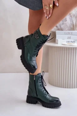 Outlet Zazoo 60486 Skórzane Botki Workery Ocieplane Ciemnozielone Zielony