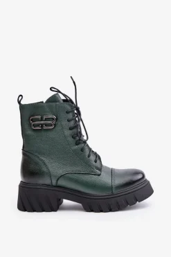 Outlet Zazoo 60486 Skórzane Botki Workery Ocieplane Ciemnozielone Zielony