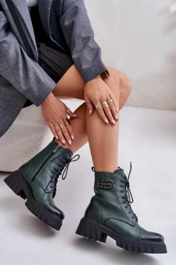 Outlet Zazoo 60486 Skórzane Botki Workery Ocieplane Ciemnozielone Zielony