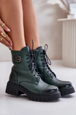Outlet Zazoo 60486 Skórzane Botki Workery Ocieplane Ciemnozielone Zielony