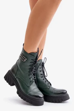 Outlet Zazoo 60486 Skórzane Botki Workery Ocieplane Ciemnozielone Zielony