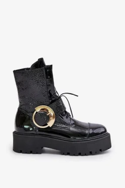 Damskie Zazoo 2942 Skórzane Botki Workery Ze Złotą Klamrą Czarne