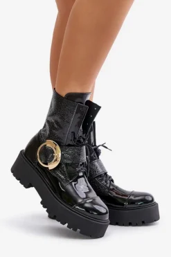 Damskie Zazoo 2942 Skórzane Botki Workery Ze Złotą Klamrą Czarne