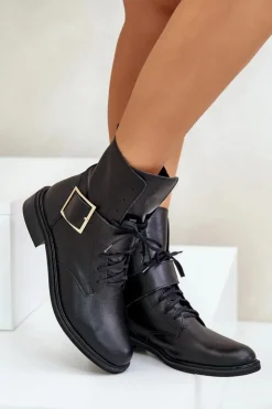 Damskie Zazoo 2949 Skórzane Botki Z Klamrą Czarne