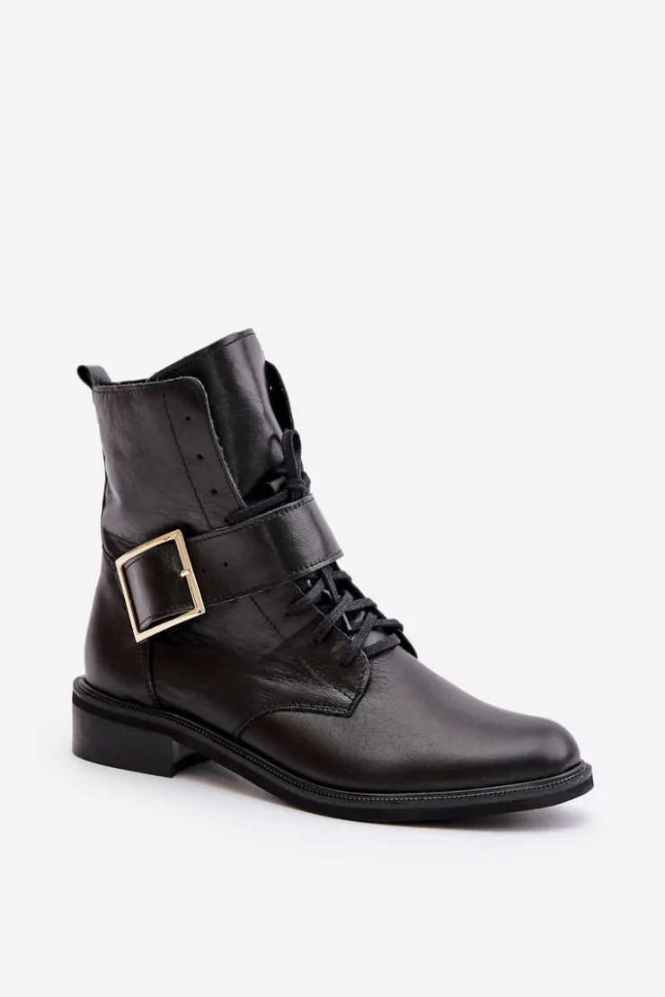 Damskie Zazoo 2949 Skórzane Botki Z Klamrą Czarne