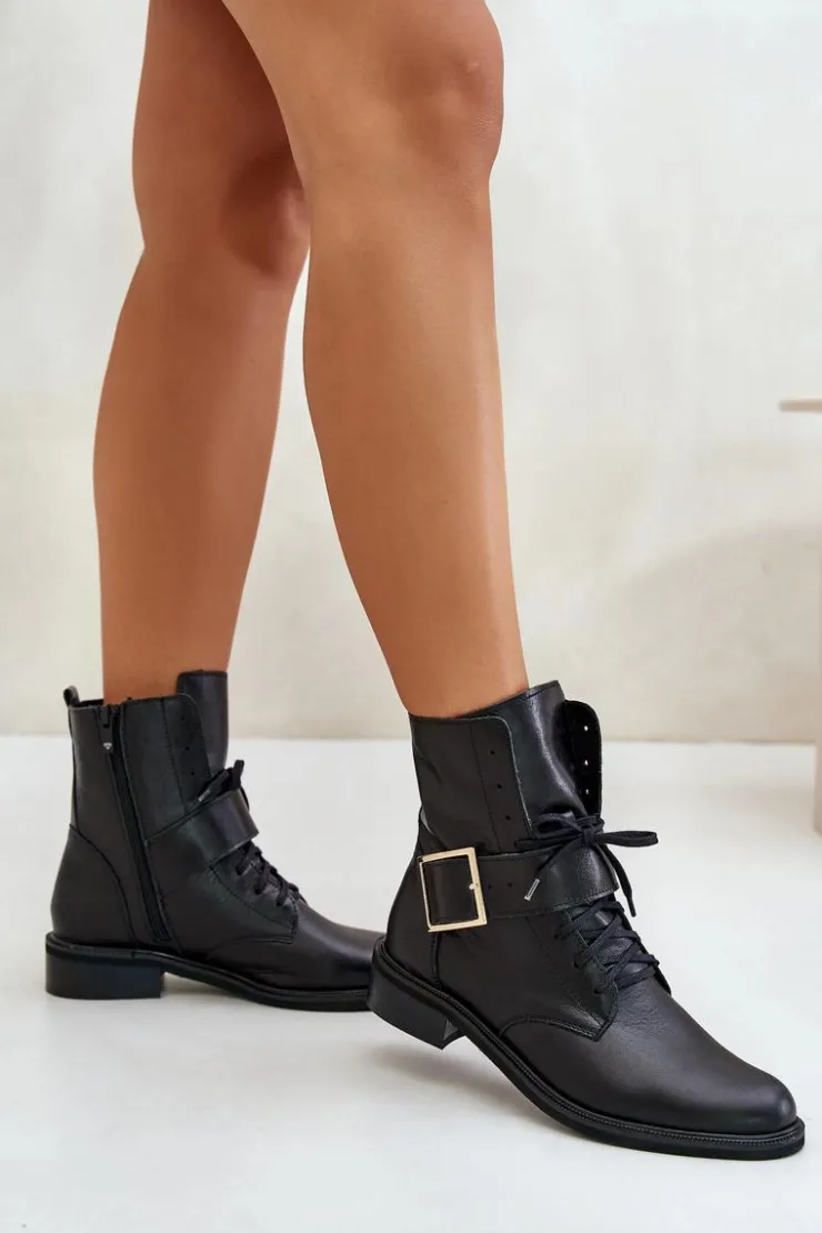 Damskie Zazoo 2949 Skórzane Botki Z Klamrą Czarne