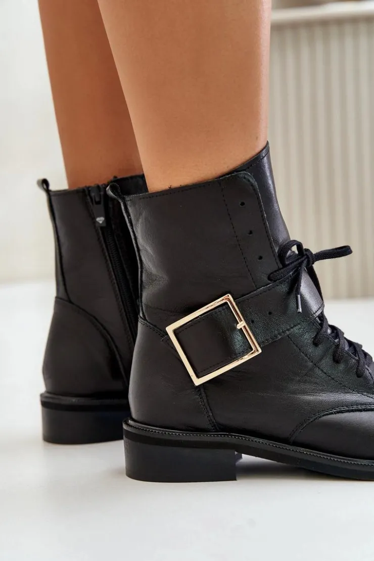 Damskie Zazoo 2949 Skórzane Botki Z Klamrą Czarne