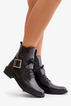 Damskie Zazoo 2949 Skórzane Botki Z Klamrą Czarne