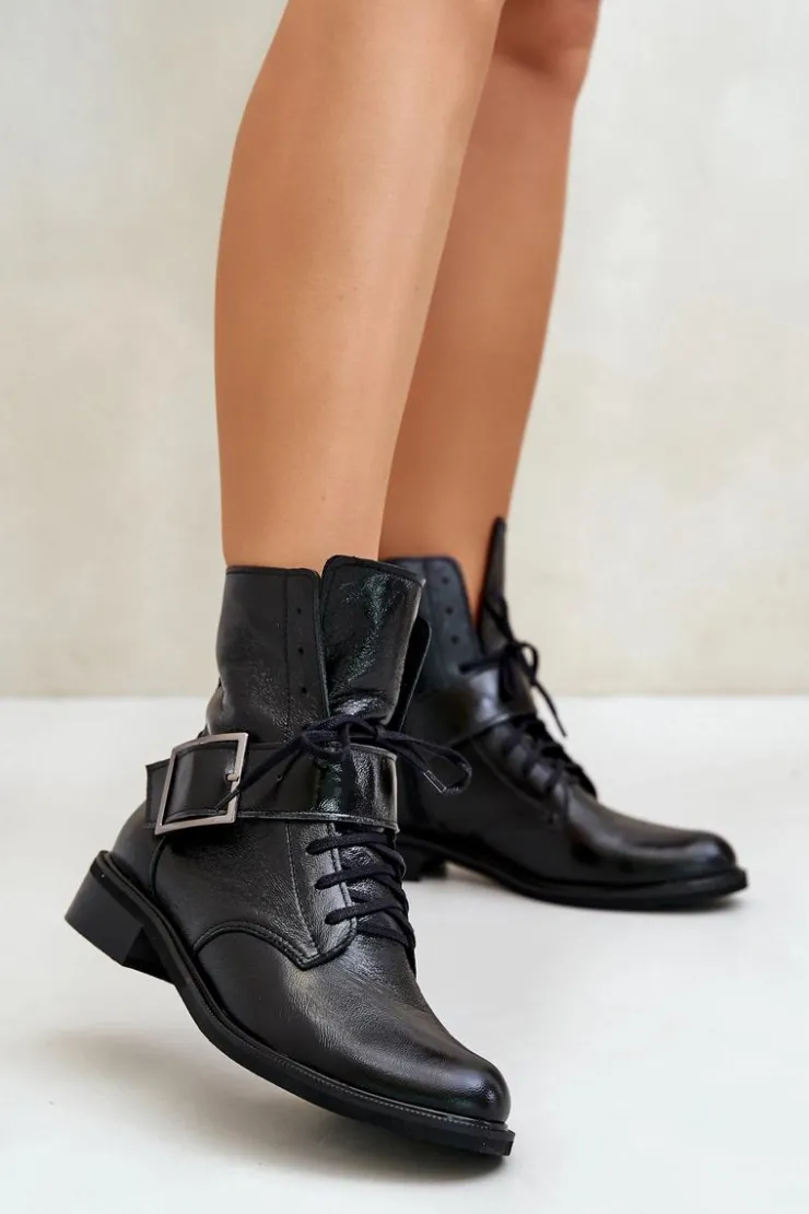 Zazoo Botki Skórzane|Botki Sznurowane*2949 Skórzane Botki Z Klamrą Czarne Czarny