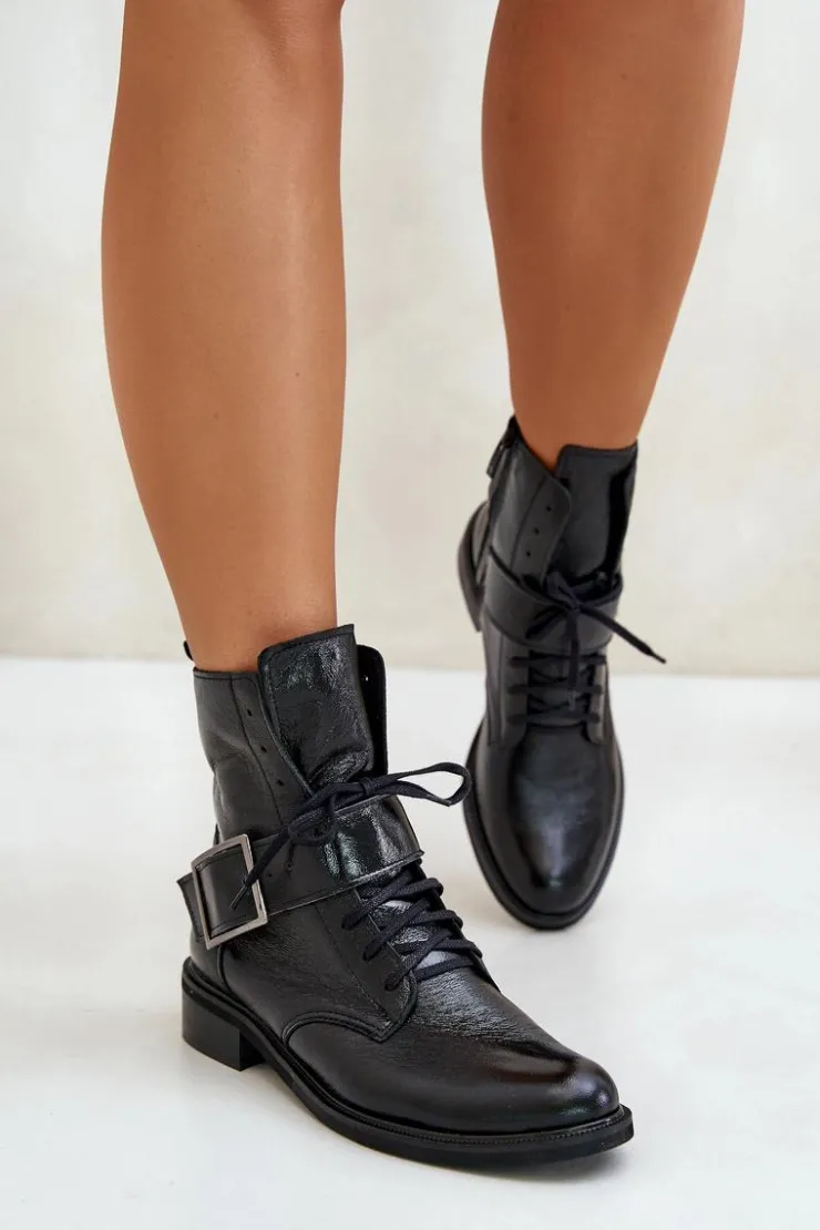 Zazoo Botki Skórzane|Botki Sznurowane*2949 Skórzane Botki Z Klamrą Czarne Czarny