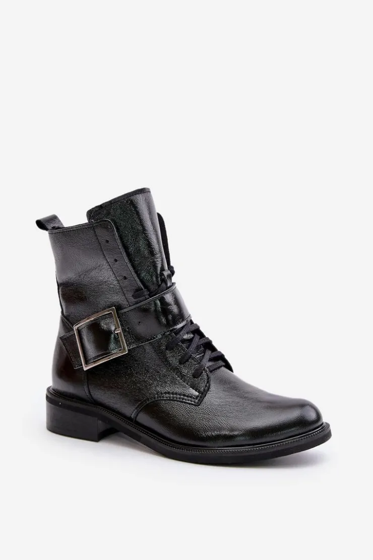 Zazoo Botki Skórzane|Botki Sznurowane*2949 Skórzane Botki Z Klamrą Czarne Czarny