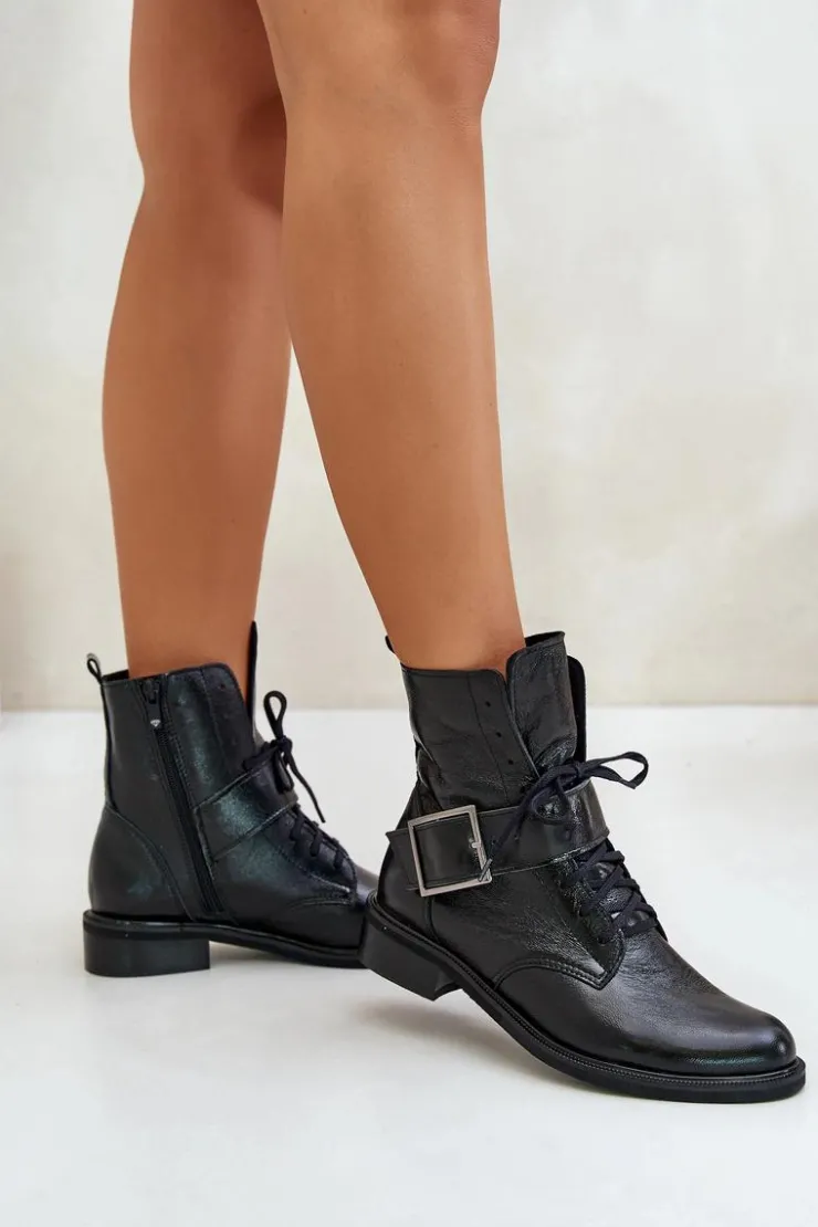 Zazoo Botki Skórzane|Botki Sznurowane*2949 Skórzane Botki Z Klamrą Czarne Czarny