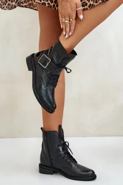 Zazoo Botki Skórzane|Botki Sznurowane*2949 Skórzane Botki Z Klamrą Czarne Czarny