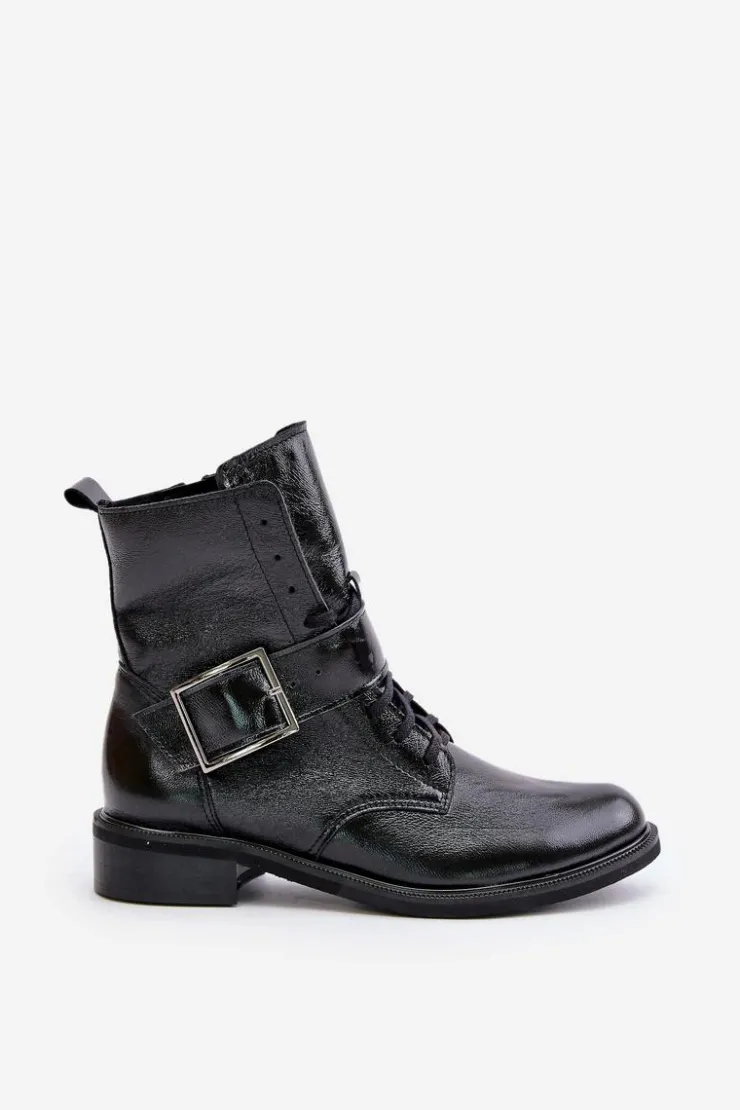 Zazoo Botki Skórzane|Botki Sznurowane*2949 Skórzane Botki Z Klamrą Czarne Czarny