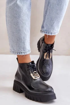 Discount Zazoo 2952 Skórzane Botki Ze Złotą Ozdobą Czarne Czarny