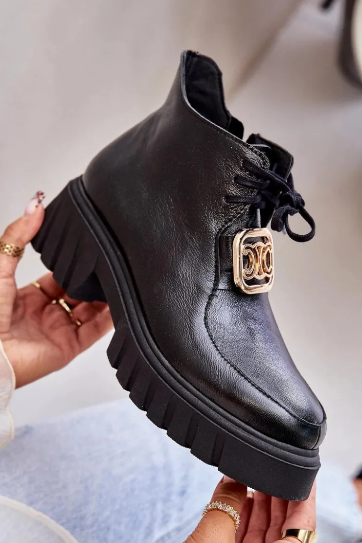 Discount Zazoo 2952 Skórzane Botki Ze Złotą Ozdobą Czarne Czarny