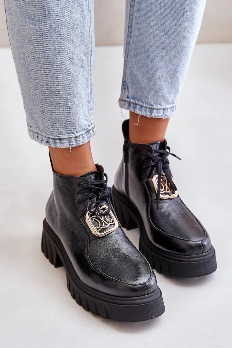 Discount Zazoo 2952 Skórzane Botki Ze Złotą Ozdobą Czarne Czarny