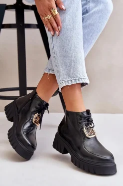 Discount Zazoo 2952 Skórzane Botki Ze Złotą Ozdobą Czarne Czarny