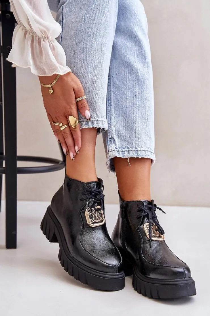 Discount Zazoo 2952 Skórzane Botki Ze Złotą Ozdobą Czarne Czarny