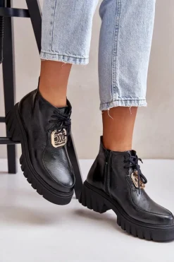 Discount Zazoo 2952 Skórzane Botki Ze Złotą Ozdobą Czarne Czarny