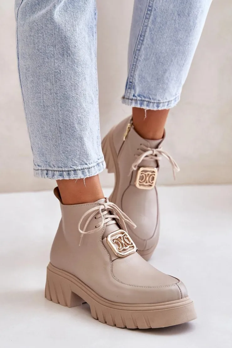 Damskie Zazoo 2952 Skórzane Botki Ze Złotą Ozdobą Beżowe