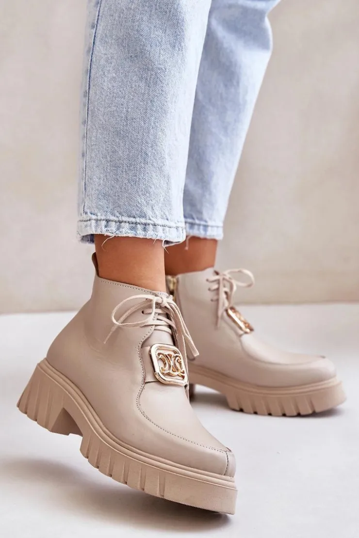 Damskie Zazoo 2952 Skórzane Botki Ze Złotą Ozdobą Beżowe